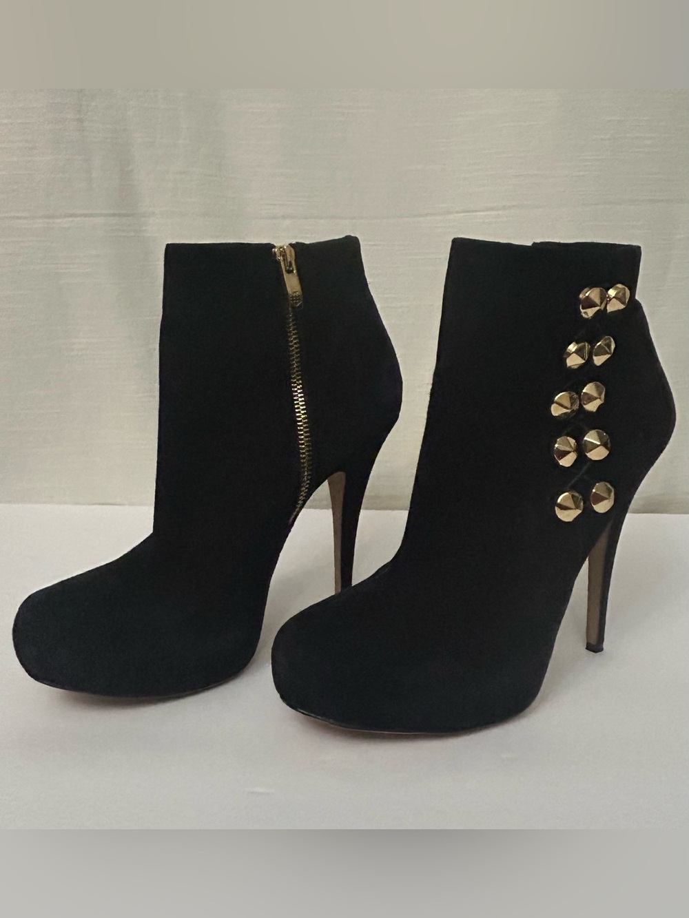 Vince Camuto Black "Jardine" Stiletto Suede Ankle Boots With Gold Studs View 4